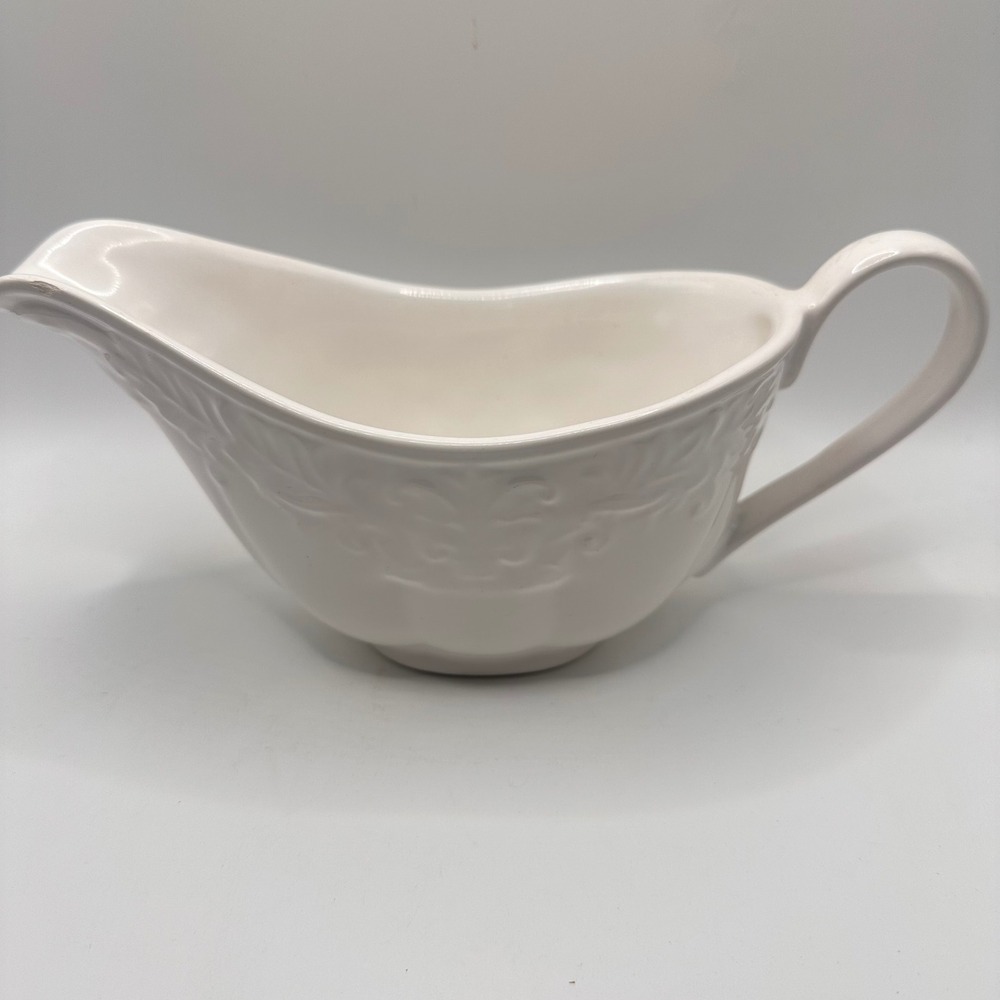 FP Fapor Portugal Home White Ceramic Gravy Boat Embossed Scroll Made in Portugal